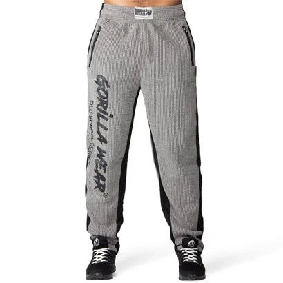 Gorilla Wear Augustine Old School Pants Grey, grå träningsbyxor i seersucker med svarta paneler och logotyp på benet., bild 3 av 4