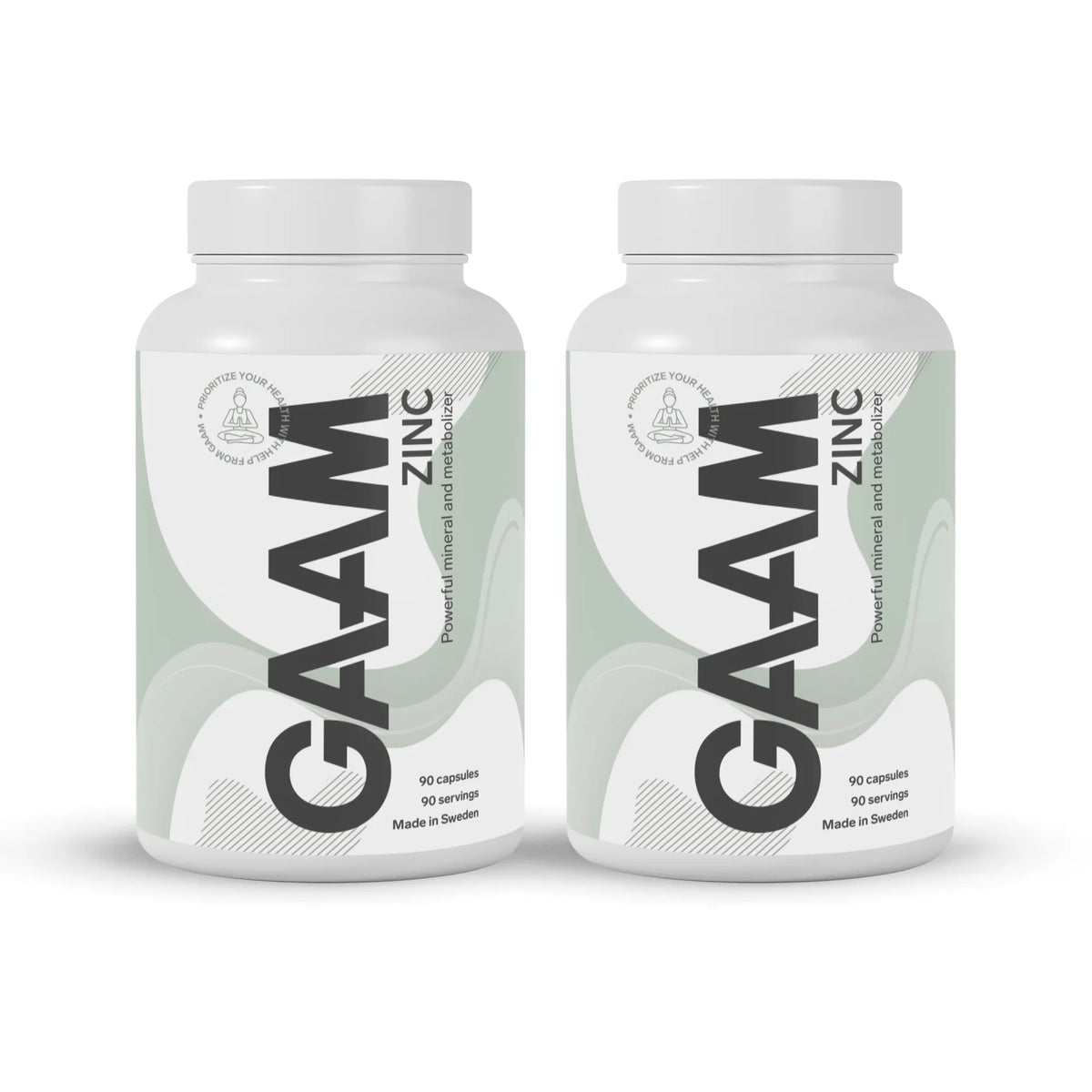 2 x GAAM Zinc 90 caps i två vita plastburkar med svart text och ljusgröna detaljer., bild 1 av 1