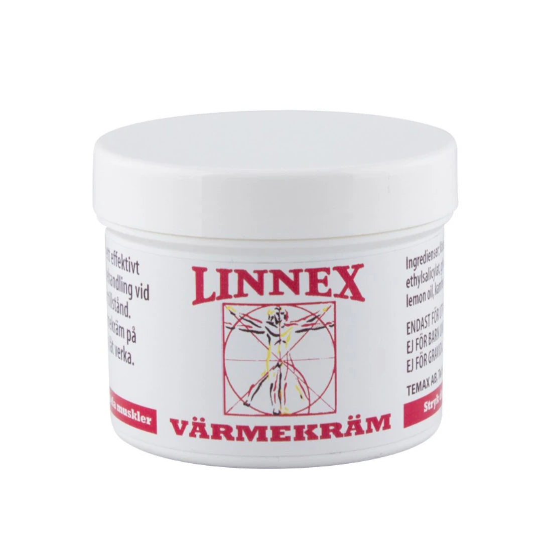 Linnex Värmekräm Liniment 100 ml förpackad i en vit burk med röda detaljer., bild 1 av 1