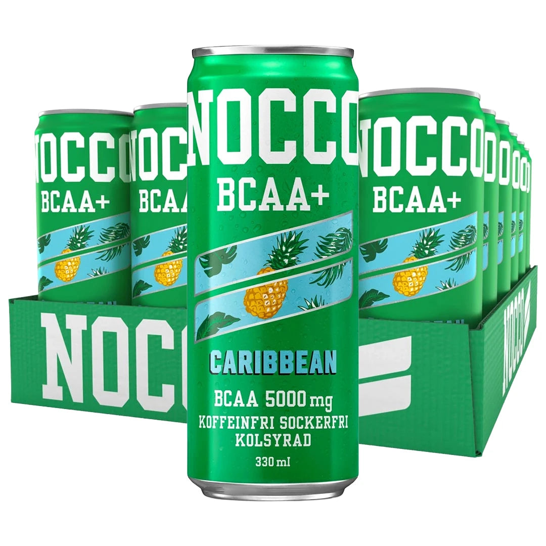 24 x NOCCO BCAA + 330 ml Caribbean (Koffeinfri) i ett grönt flak med gröna burkar och ananasdetaljer.