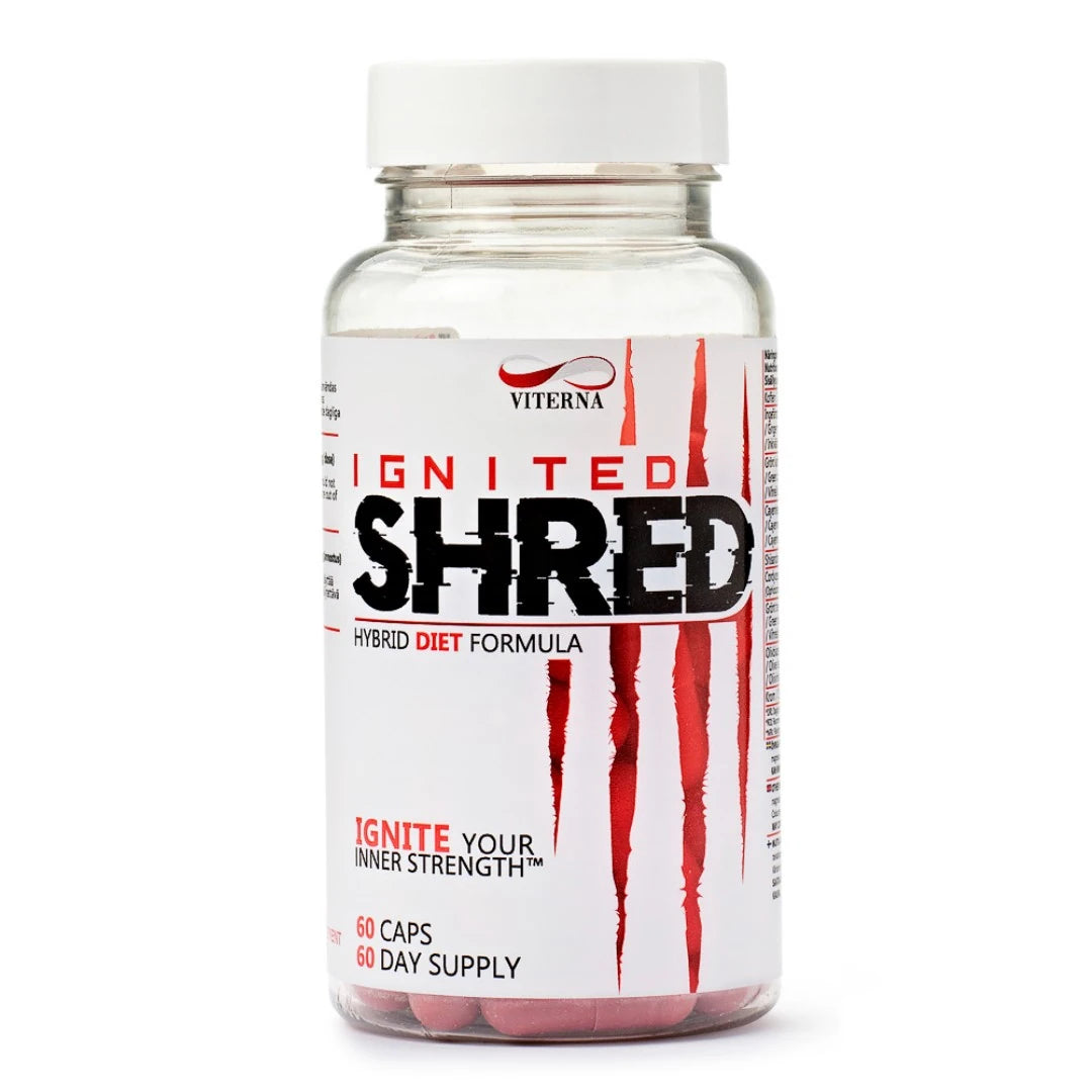 Viterna Ignited Shred 60 caps fettförbrännare i en genomskinlig burk med vit etikett och röda detaljer., bild 1 av 1
