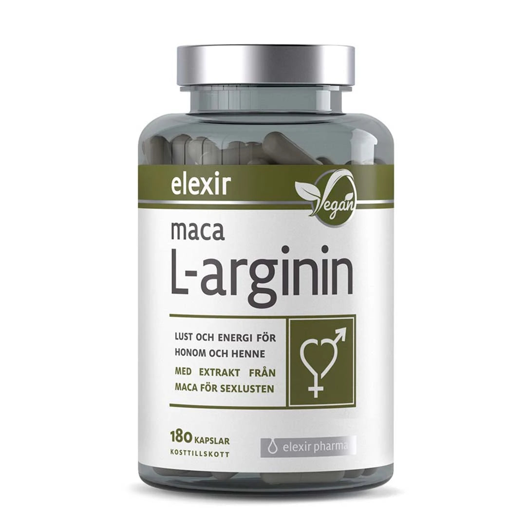Elexir Pharma Maca L-arginin 180 caps i en genomskinlig plastburk med silverlock och vit etikett med gröna detaljer., bild 1 av 1