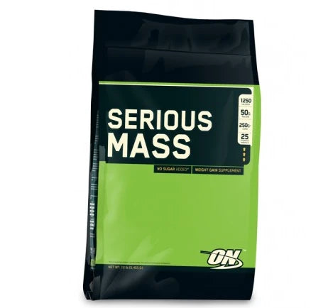 Optimum Nutrition Serious Mass 5.44 kg gainer i en svart och grön påse med tydlig logotyp och produktnamn., bild 1 av 1