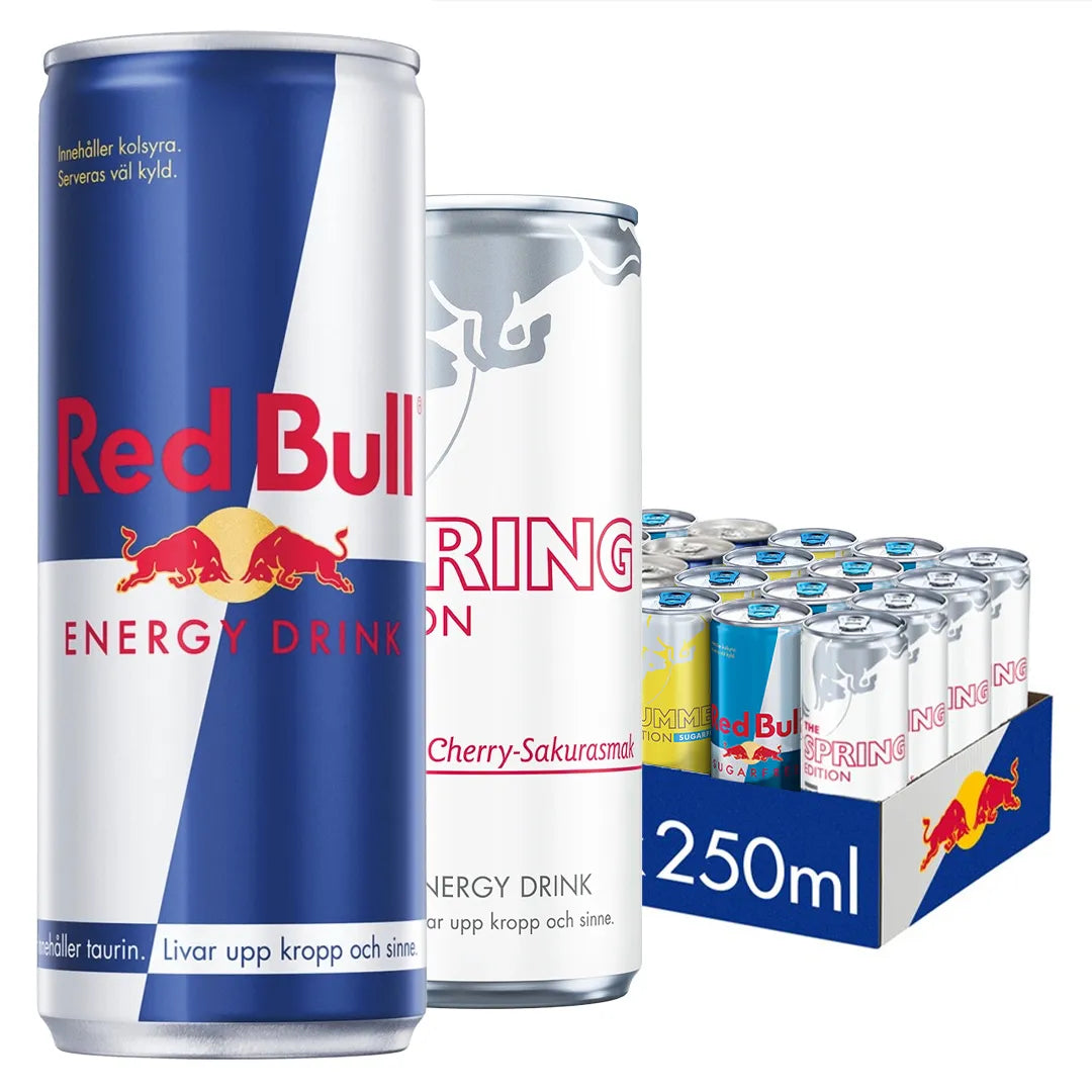 24 x Red Bull Energidryck 250 ml Mixflak med två burkar framför ett blått flak fyllt med flera olika smaker., bild 1 av 1