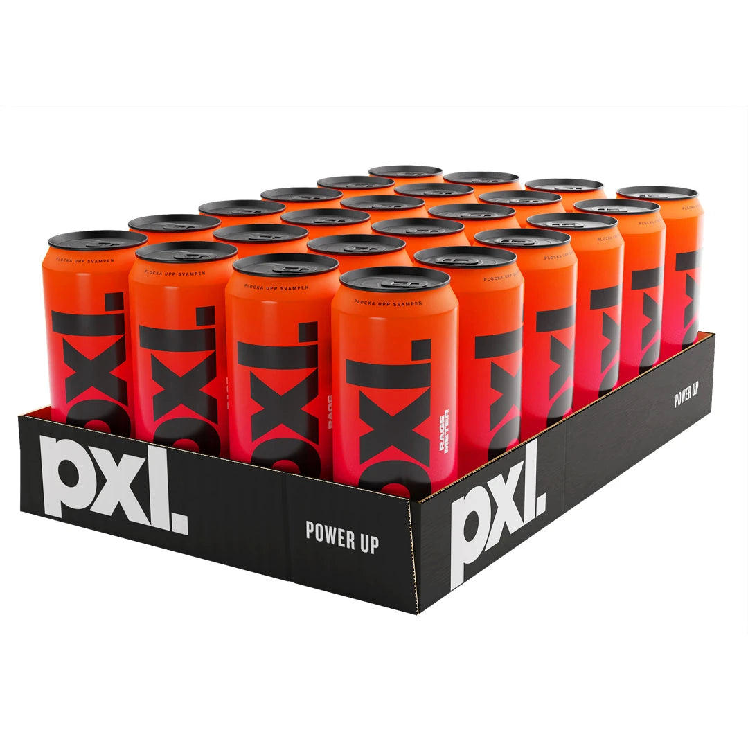 24 x PXL Energy 500 ml Rage Meter energidryck i ett svart flak med orangea och rosa burkar.