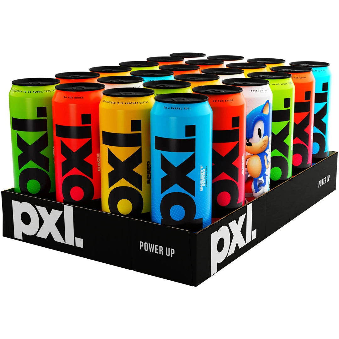 24 x PXL Energy 500 ml Mixflak i ett svart flak med färgglada energidrycksburkar i olika smaker., bild 1 av 1