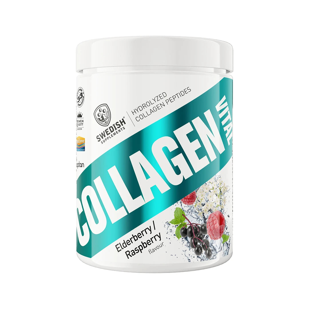Swedish Supplements Collagen Vital 400 g kollagenpulver i en vit burk med turkosa detaljer och smak av Elderberry Raspberry., bild 1 av 1