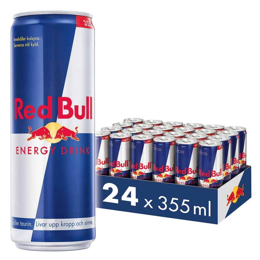24 x Red Bull Energidryck 355 ml Original i ett blått flak med klassiska blå och silverfärgade burkar., bild 1 av 1