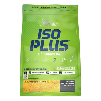 Olimp Iso Plus 1.5 kg isotonisk sportdryck i pulverform, förpackad i en ljusgrön påse med blå text och detaljer., bild 2 av 3