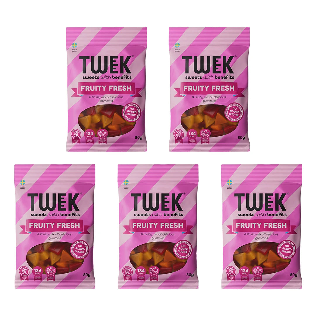 5 x Tweek Sweets 80 g Fruity Fresh godispåsar i rosa färg med fönster som visar de färgglada fruktgodisarna inuti., bild 1 av 1