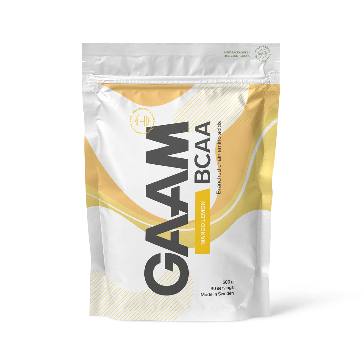 GAAM BCAA 300 g aminosyror i en vit påse med gula detaljer för smaken Mango Lemon., bild 3 av 9