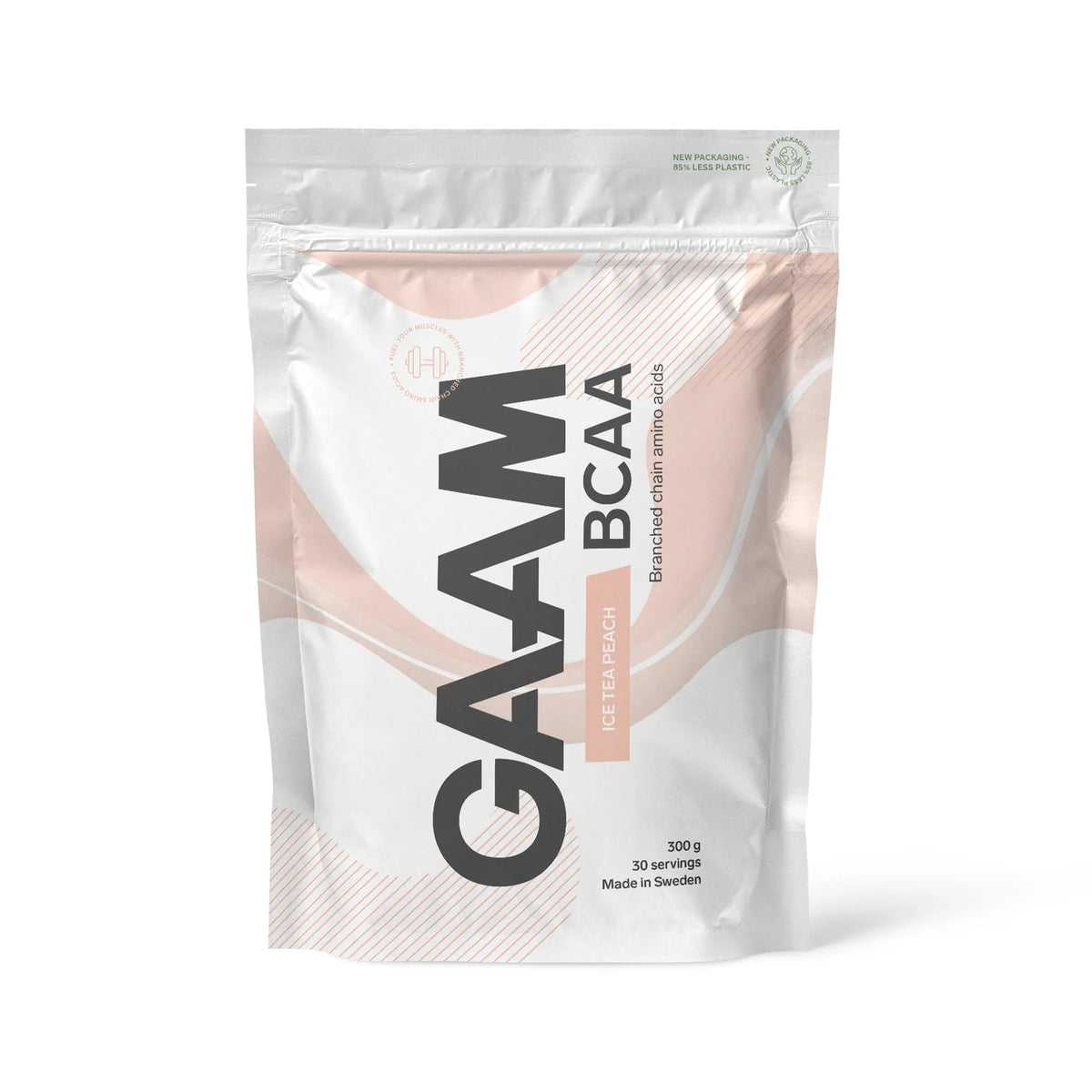 GAAM BCAA 300 g i en vit påse med persikofärgade detaljer för smaken Ice Tea Peach., bild 6 av 9