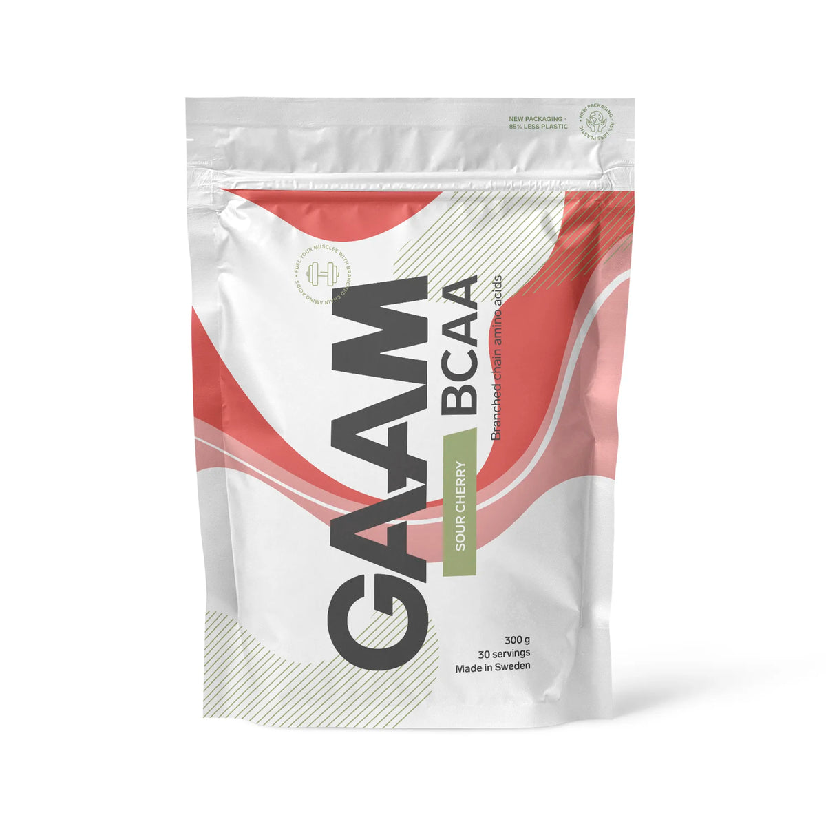 GAAM BCAA 300 g aminosyror i en vit påse med röda detaljer för smaken Sour Cherry., bild 7 av 9