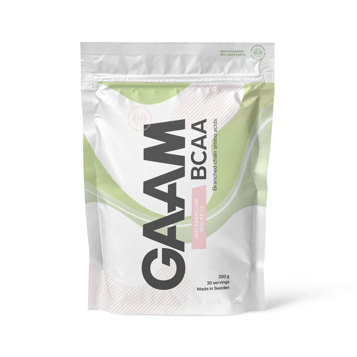 GAAM BCAA 300 g aminosyror i en vit påse med gröna och rosa detaljer för smaken Watermelon Rocketz., bild 8 av 9