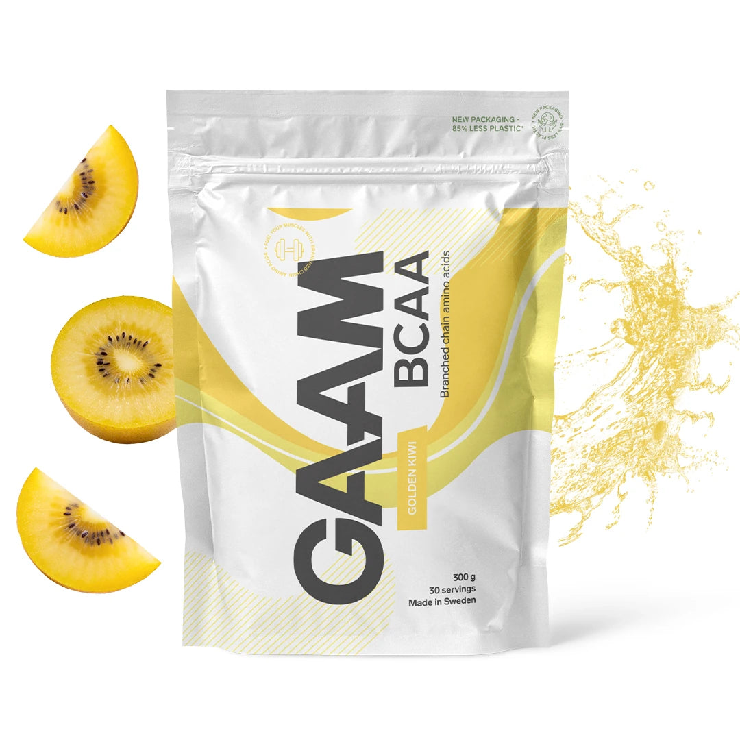GAAM BCAA 300 g aminosyror i en vit påse med gula detaljer för smaken Golden Kiwi., bild 9 av 9