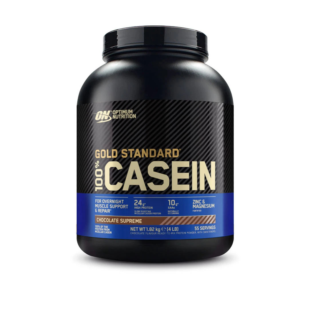 Optimum Nutrition 100% Casein Gold Standard 1.8 kg i en svart burk med blå detaljer för smaken Chocolate Supreme., bild 1 av 2