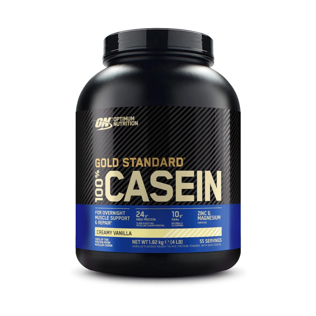 Optimum Nutrition 100% Casein Gold Standard 1.8 kg proteinpulver i en svart burk med blå detaljer för smaken Creamy Vanilla., bild 2 av 2