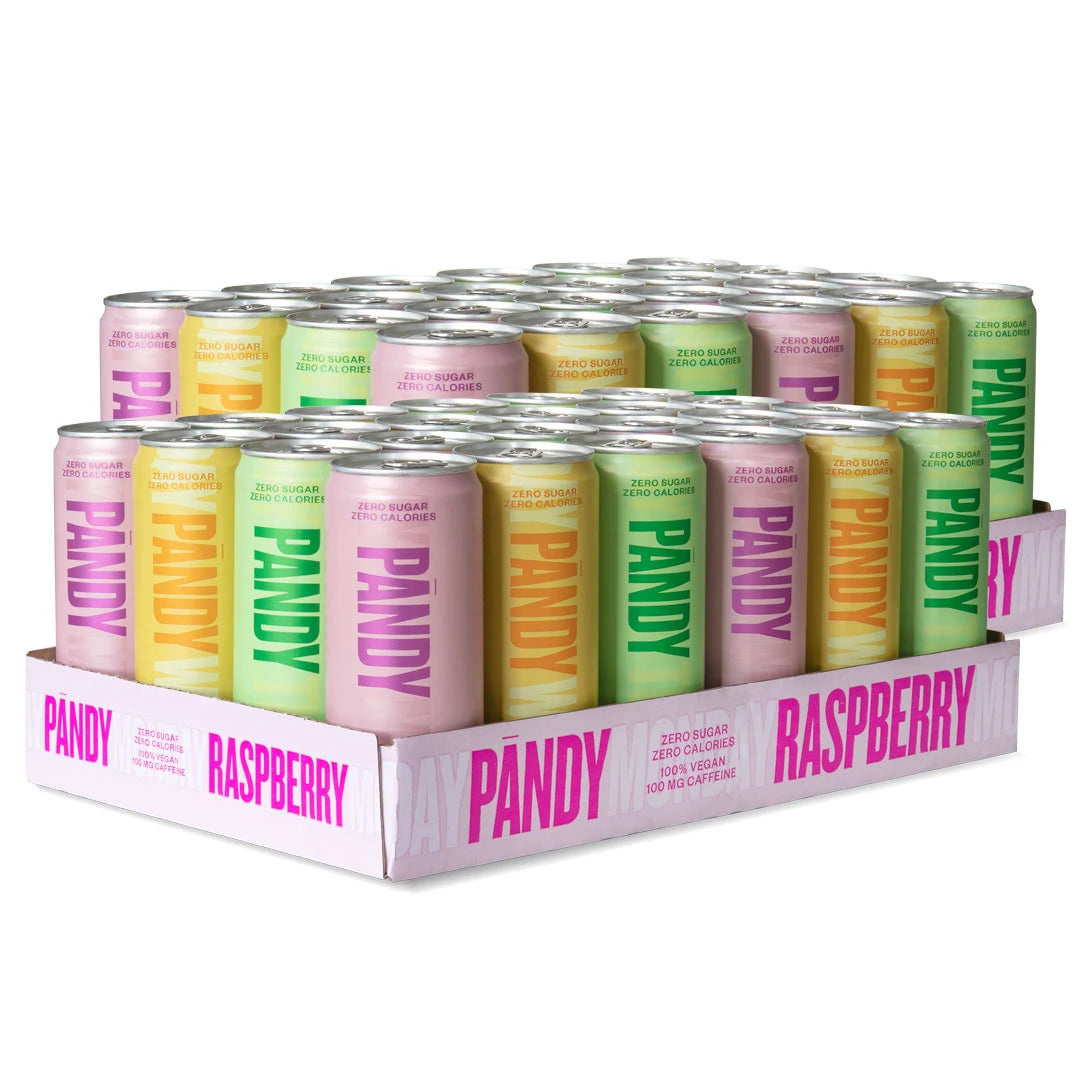 48 x Pändy Soda Energy Drink 330 ml Mixflak med två vita flak fyllda med rosa, gula och gröna burkar med olika smaker., bild 1 av 1
