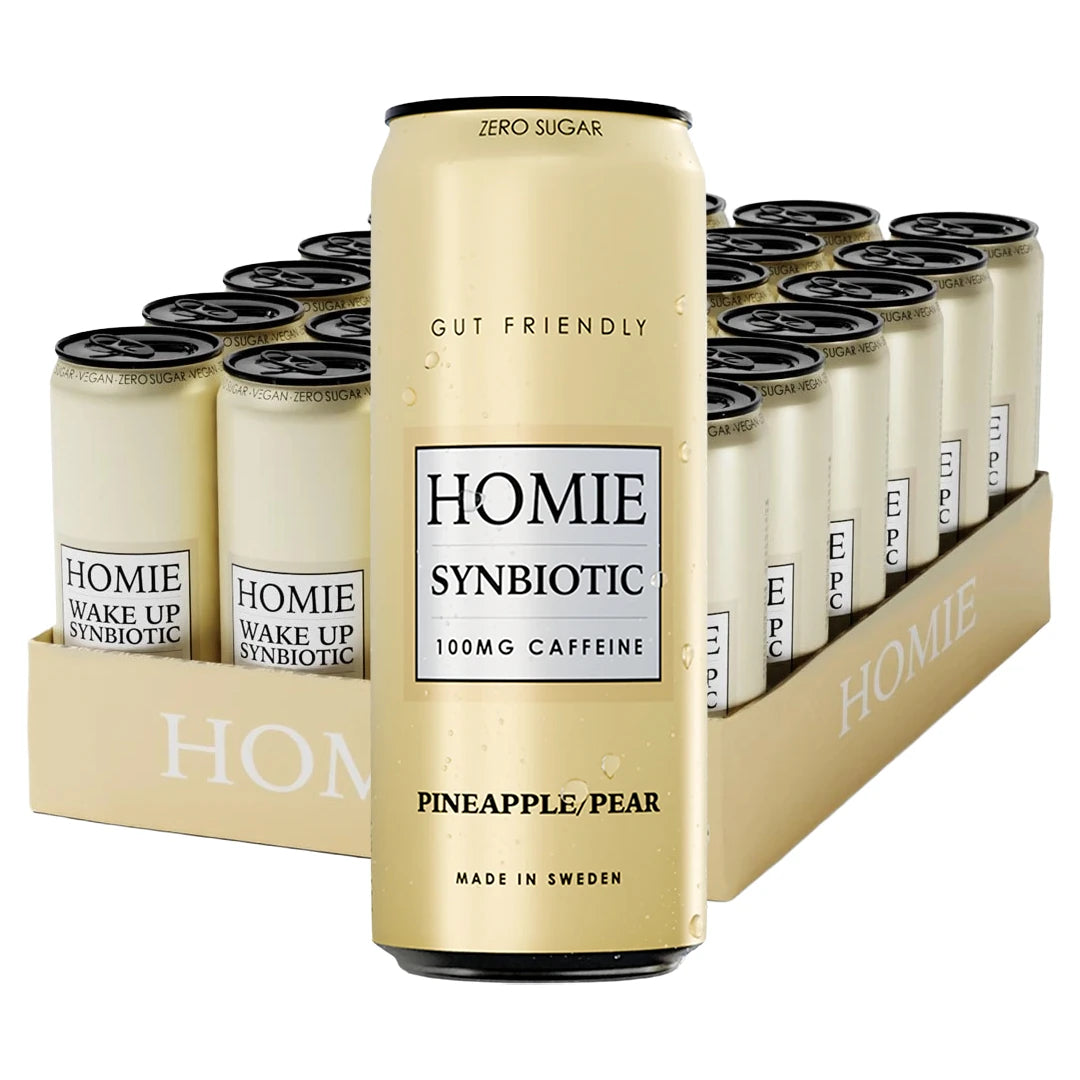 24 x Homie Wake Up Synbiotic 330 ml Pineapple Pear i ett beige flak med ljusgula burkar., bild 1 av 1