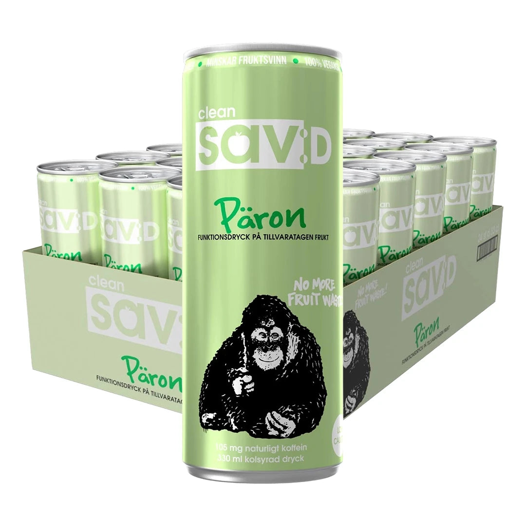 24 x Clean Sav:D 330 ml Päron i ett ljusgrönt flak med matchande ljusgröna burkar med svartvitt apmotiv och vit text., bild 1 av 1