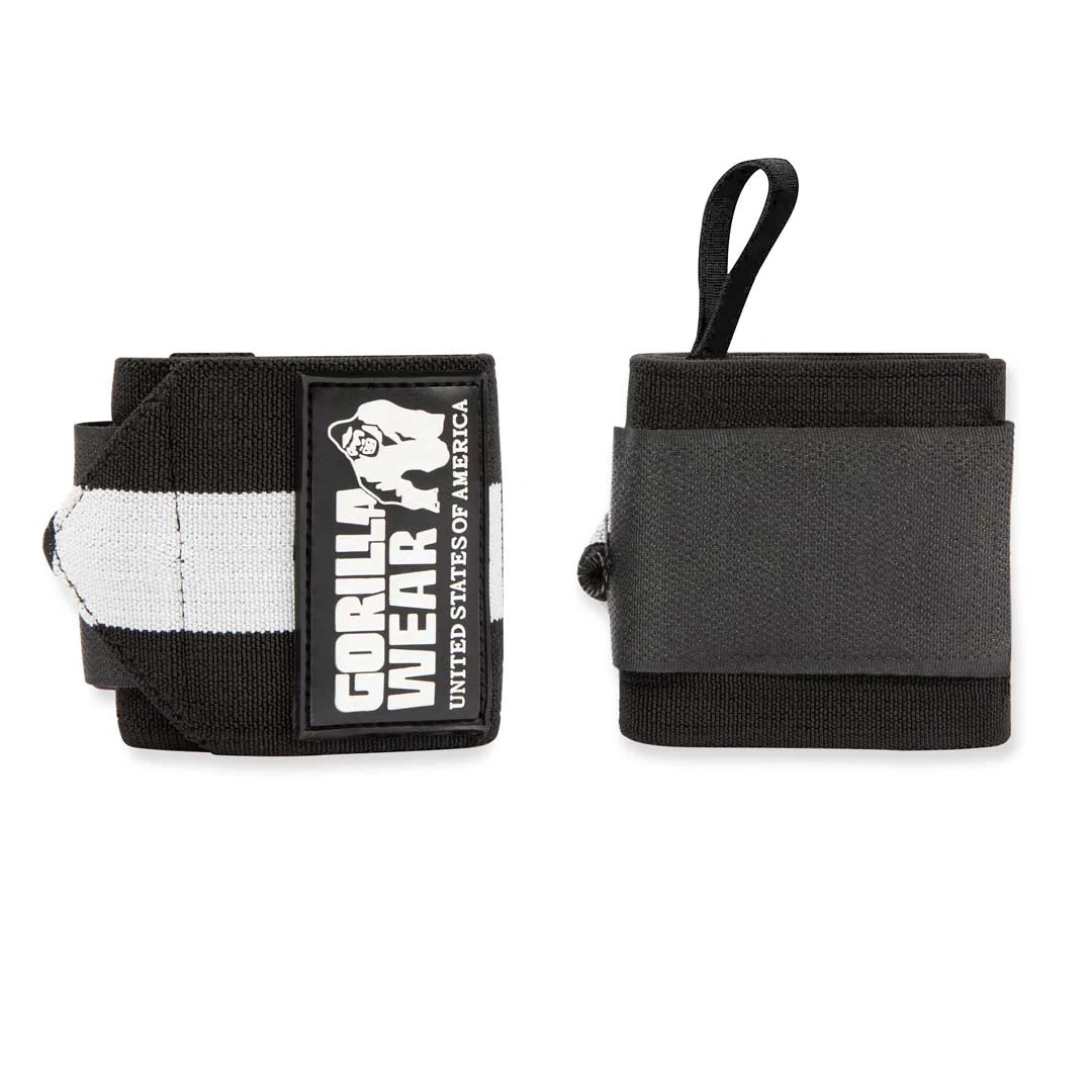 Gorilla Wear Wrist Wraps Ultra Black/White är elastiska svartvita handledslindor med tydlig logotyp och tumögla., bild 1 av 1