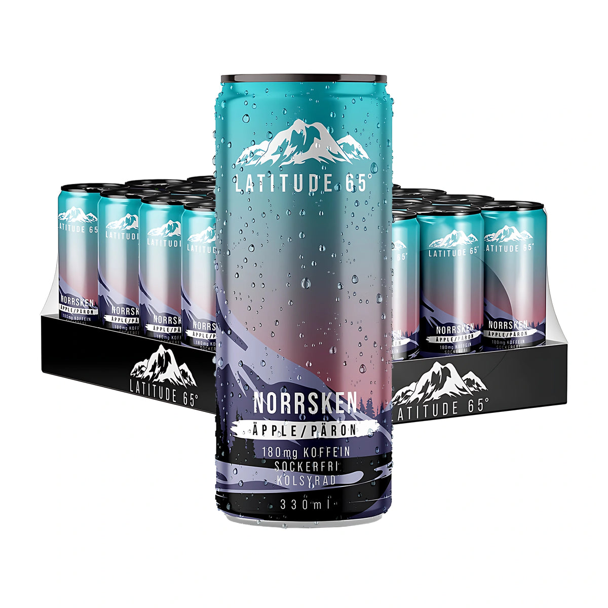 24 x Latitude 65 330 ml Norrsken - Äpple & Päron i ett flak med 24 burkar och en daggvåt burk framför i turkos och lila färg med fjällmotiv.