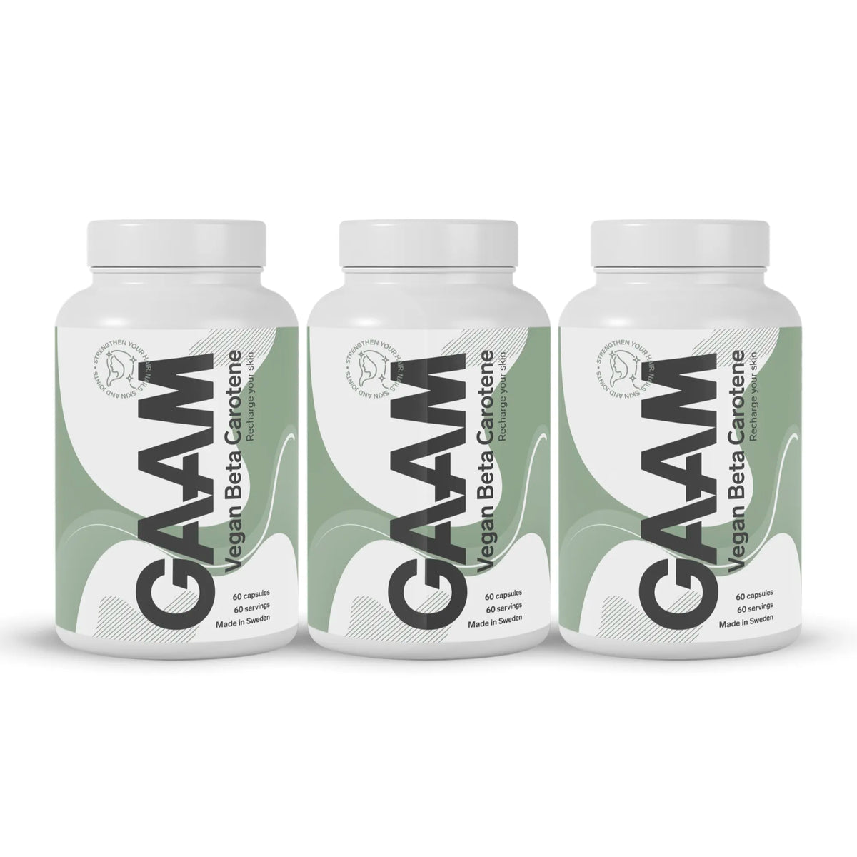 3 x GAAM Vegan Beta carotene 60 caps i tre vita burkar med gröna detaljer och svart text., bild 1 av 1