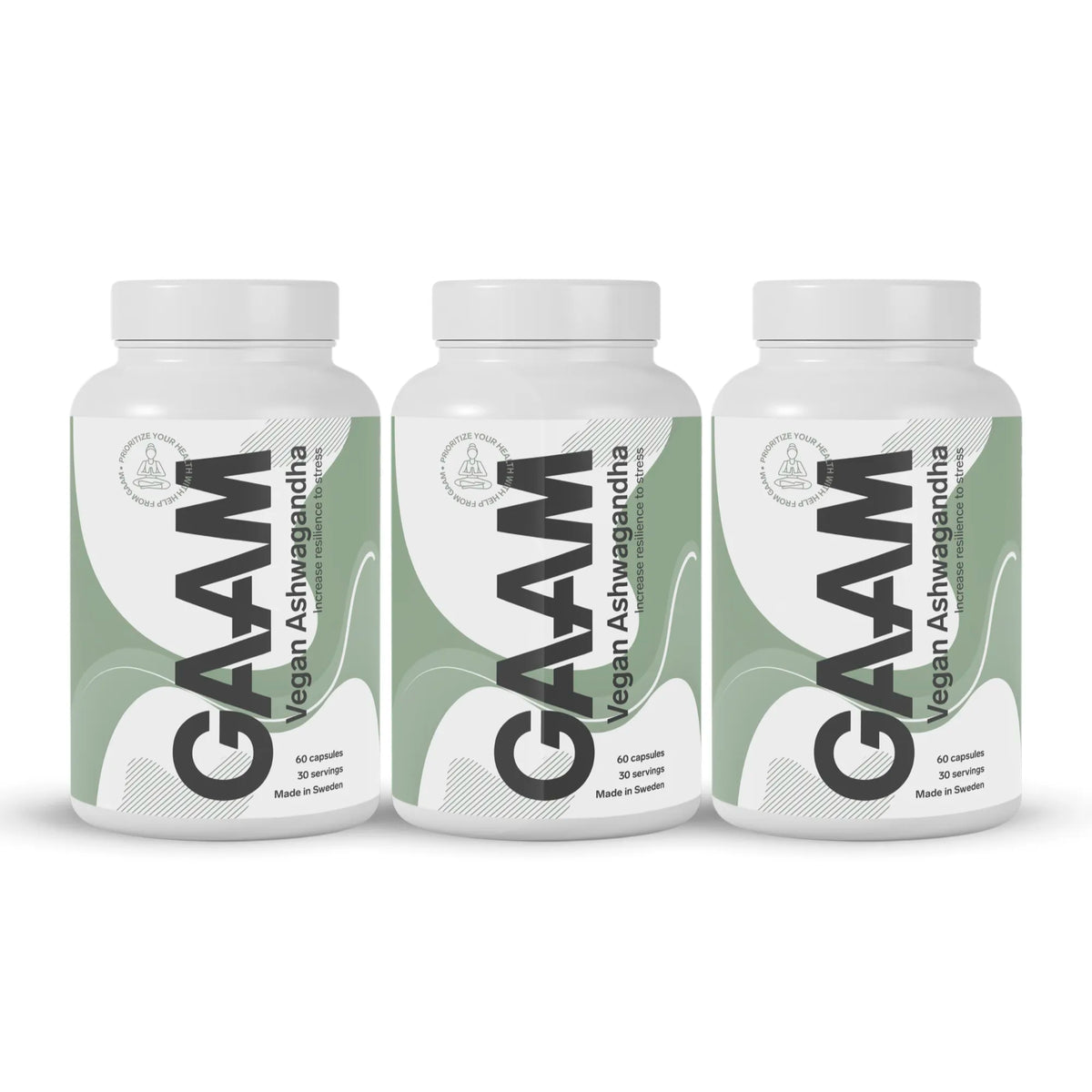 3 x GAAM Vegan Ashwagandha 60 caps i tre vita burkar med gröna och svarta detaljer., bild 1 av 1