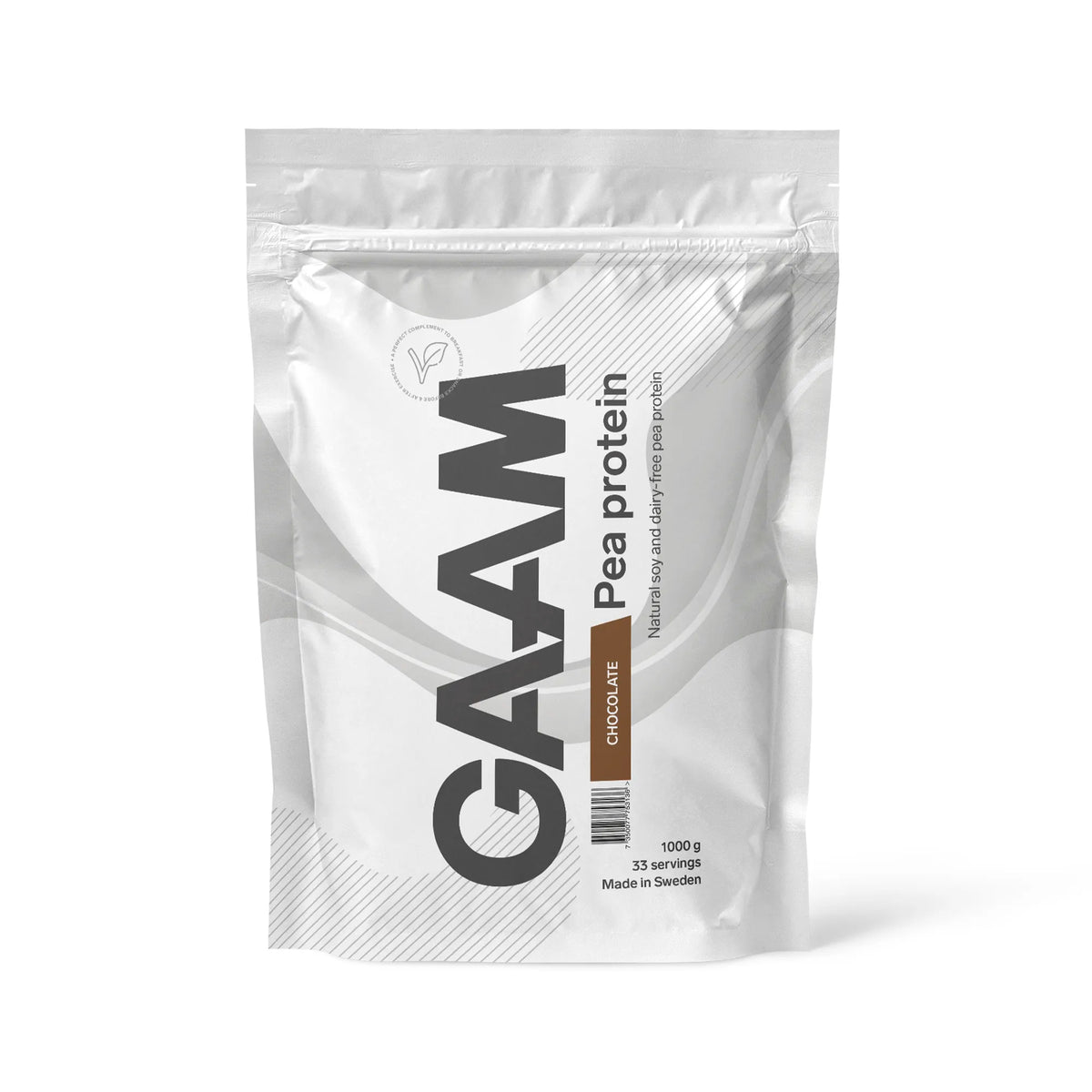 GAAM Pea Protein 1 kg veganskt proteinpulver i en vit påse med grå detaljer för smaken Chocolate., bild 1 av 2