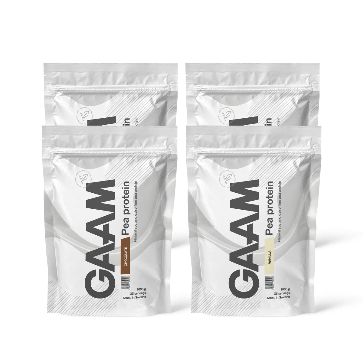 4 x GAAM Pea Protein 1 kg i vita påsar med svarta detaljer för smakerna Chocolate och Vanilla., bild 1 av 1