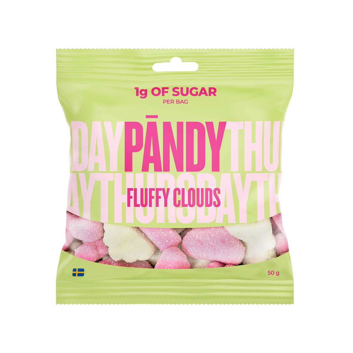 Pändy Candy 50 g Fluffy Clouds skumgodis i en ljusgrön påse med rosa text för smaken smultron och äpple., bild 1 av 1