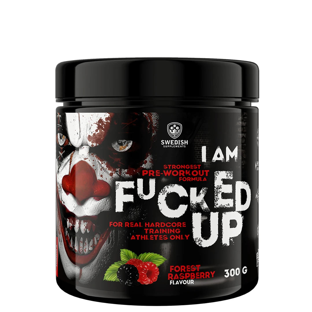 Swedish Supplements Fu*ked up Joker Edition PWO 300 g i en svart burk med jokermotiv för smaken Forest Raspberry., bild 1 av 8
