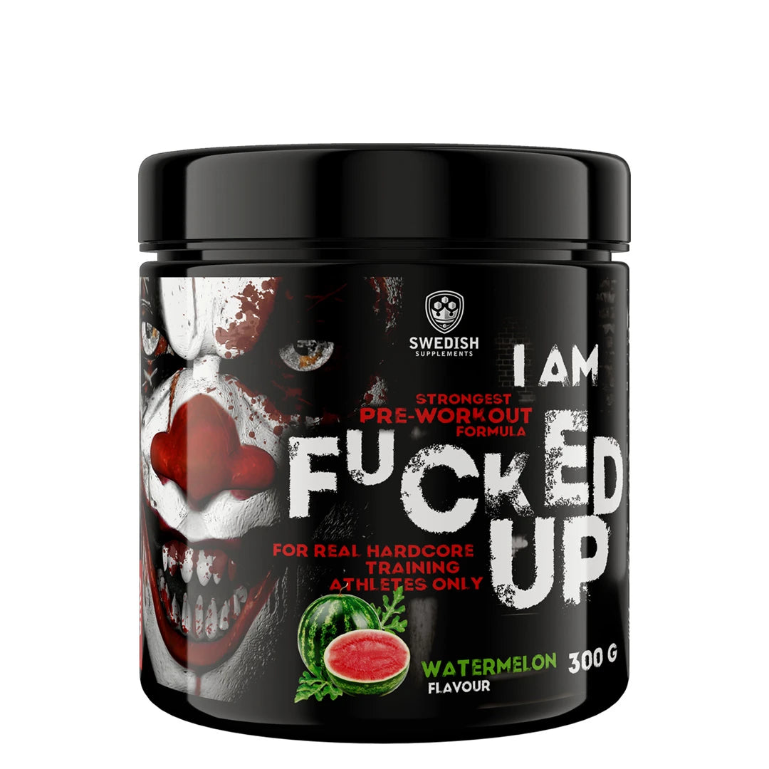Swedish Supplements Fu*ked up Joker Edition PWO 300 g i en svart burk med ett clownmotiv för smaken Watermelon., bild 2 av 8
