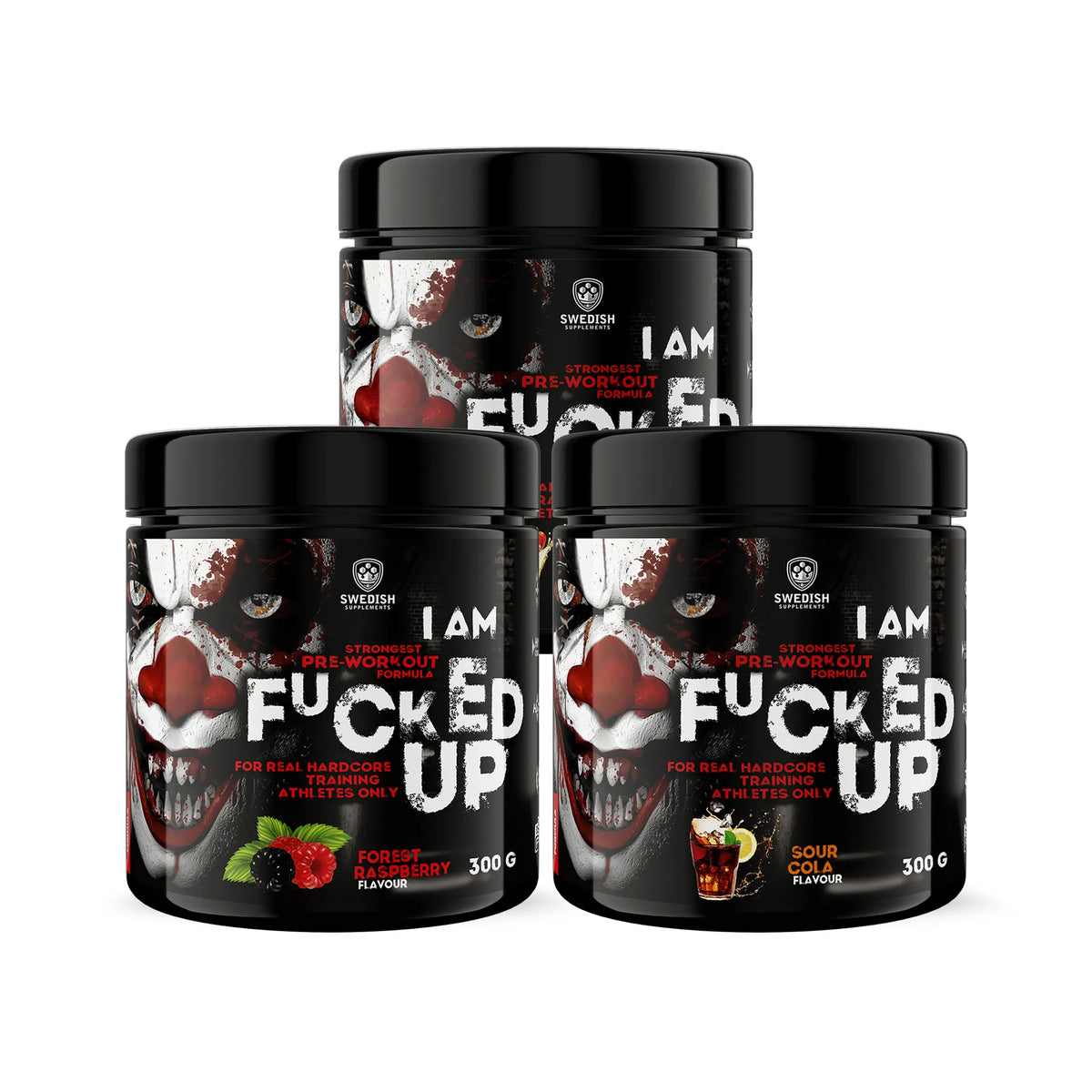 3 x Swedish Supplements Fu*ked up Joker Edition PWO 300 g i tre svarta burkar med en unik clowndesign., bild 1 av 1