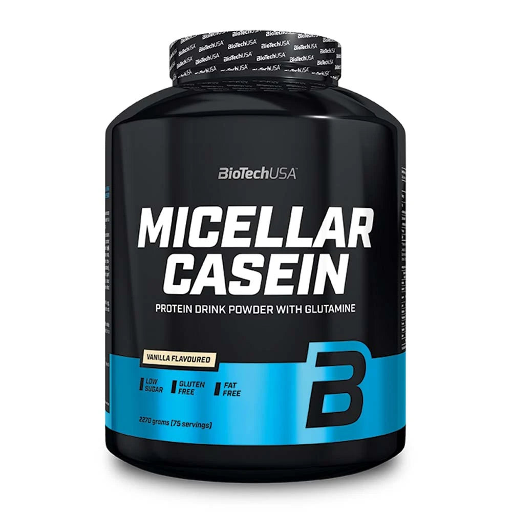 BioTechUSA Micellar Casein 2.27 kg kaseinprotein i en svart burk med blå detaljer för smaken Vanilla.