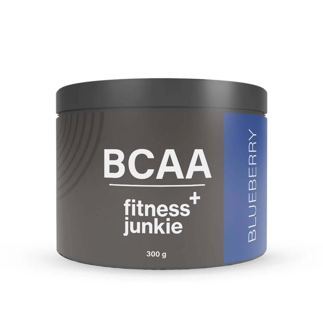 fitnessjunkie BCAA 300 g aminosyror i pulverform, mörkgrå burk med blå detaljer för smaken Blueberry., bild 1 av 1