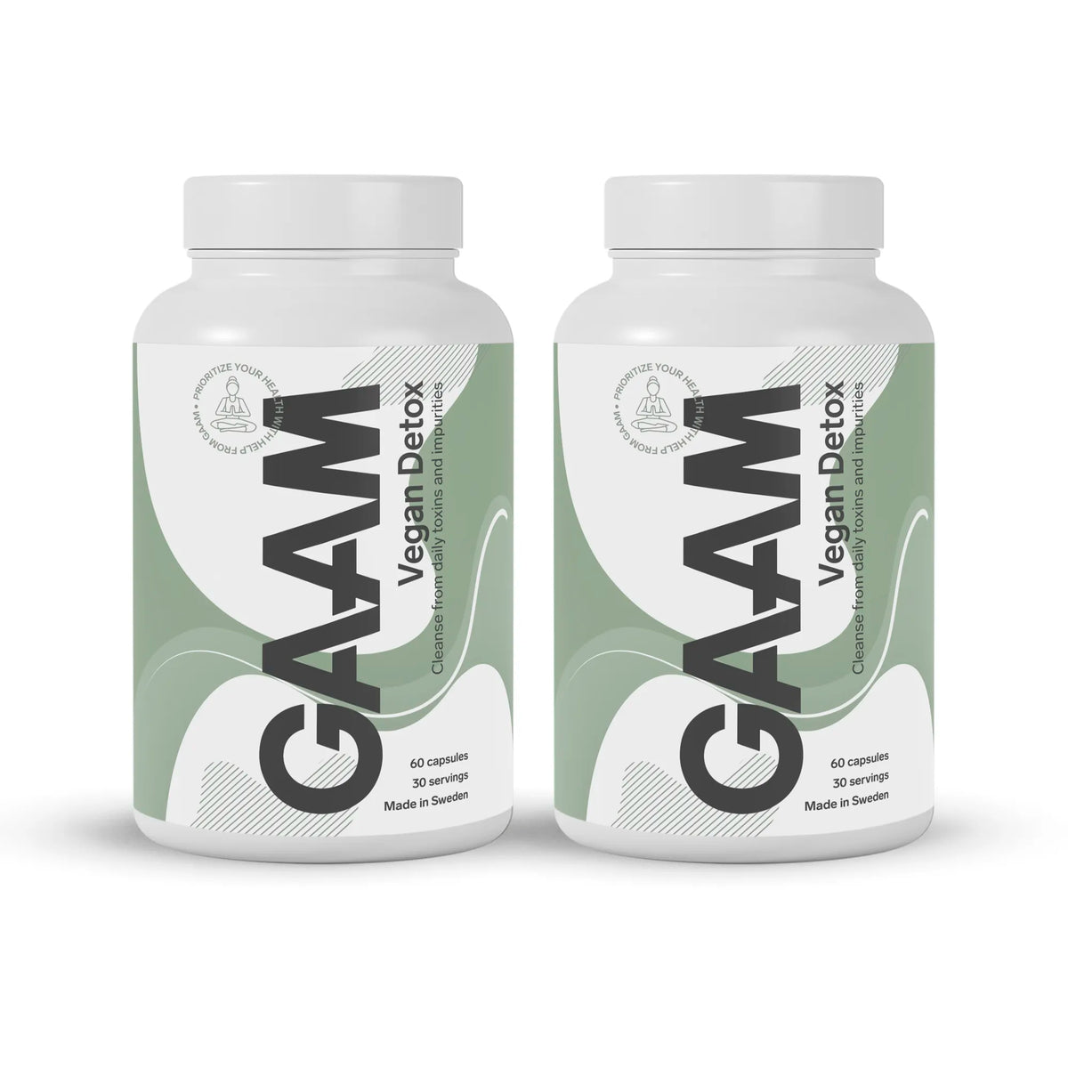 2 x GAAM Vegan Detox 60 caps i två vita burkar med grönt mönster och svart text., bild 1 av 1