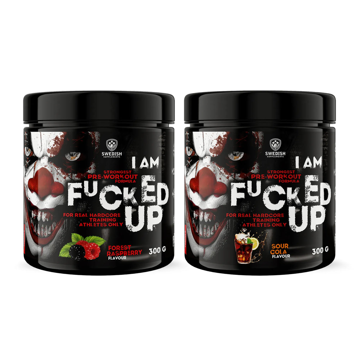 2 x Swedish Supplements Fu*ked up Joker Edition PWO 300 g i svarta burkar med clownmotiv i två olika smaker., bild 1 av 1