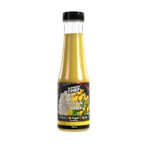 Slender Chef Sauce 350 ml i smaken Indian Curry, en gul lågkalorisås i en genomskinlig plastflaska med svart kork., bild 1 av 1