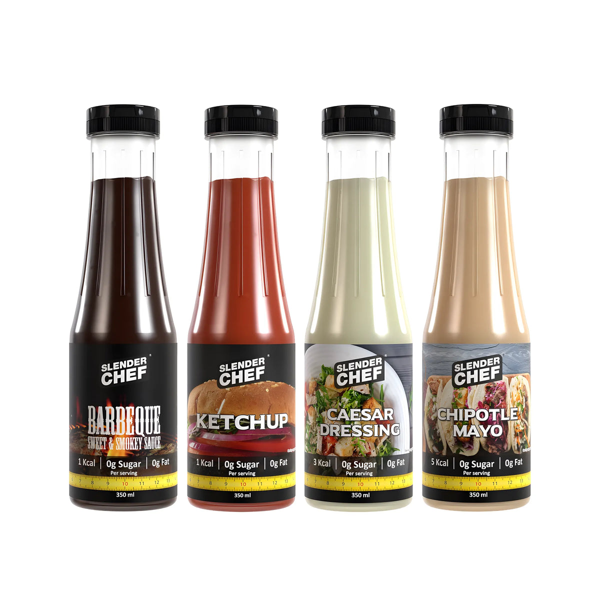 4 x Slender Chef Sauce 350 ml med fyra olika lågkalorisåser i genomskinliga plastflaskor med svarta lock., bild 1 av 1
