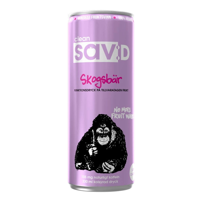 Clean Sav:D 330 ml funktionsdryck i en ljuslila aluminiumburk med smaken Skogsbär och en gorillaillustration.