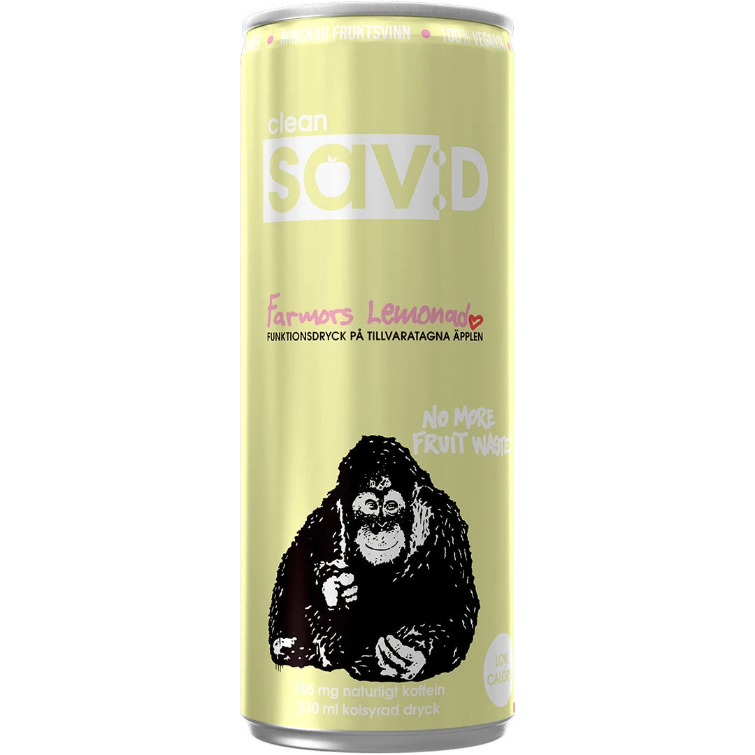 Ljusgul burk med Clean Sav:D 330 ml funktionsdryck i smaken Farmors Lemonad, prydd med en apa., bild 1 av 9