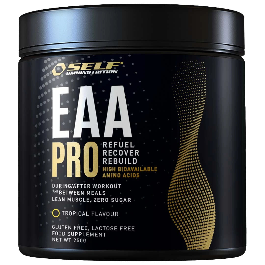 Self Omninutrition EAA Pro 200 g aminosyror i en svart burk med guldiga detaljer för smaken Tropical., bild 2 av 3