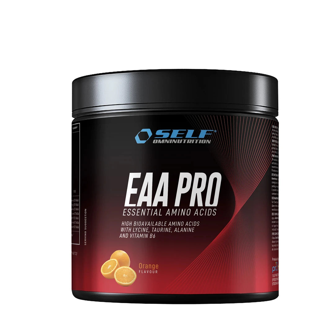 Self Omninutrition EAA Pro 200 g aminosyror i en svart burk med röda detaljer för smaken Orange., bild 3 av 3