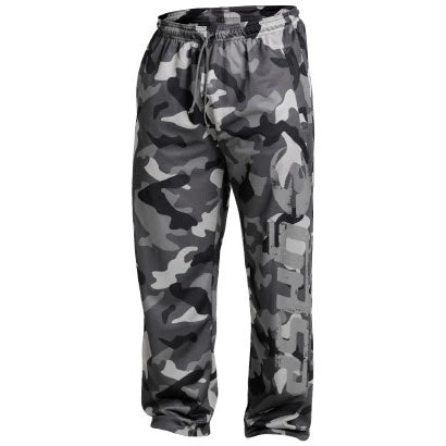 GASP Original Mesh Pants Tactical Camo träningsbyxor i mesh med grått kamouflagemönster och stort loggtryck på benet., bild 4 av 5