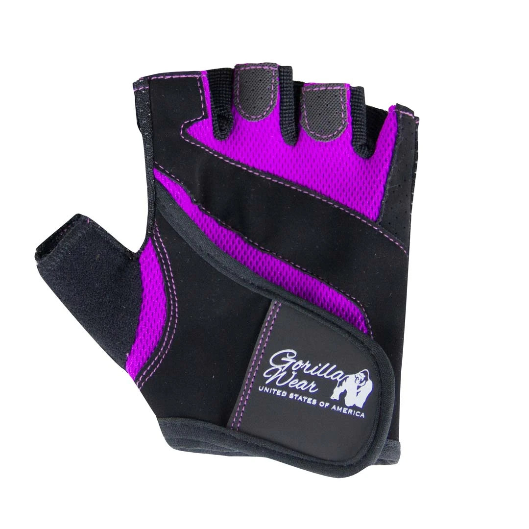 Gorilla Wear Womens Fitness Gloves Black/Purple, en svart träningshandske med lila mesh och kardborreband.