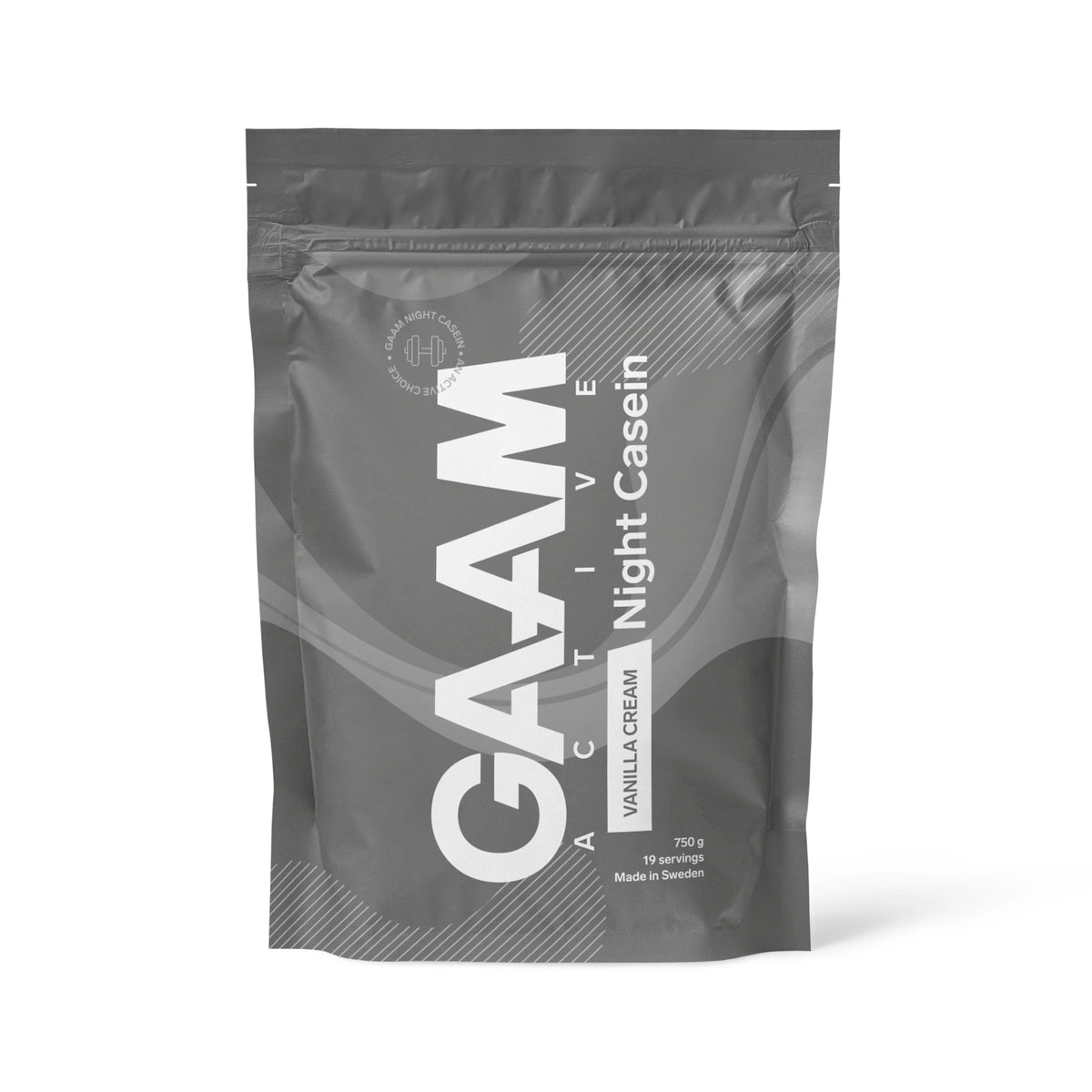 GAAM Active Night Casein 750 g kaseinprotein i en mörkgrå påse med vit text för smaken Vanilla Cream.