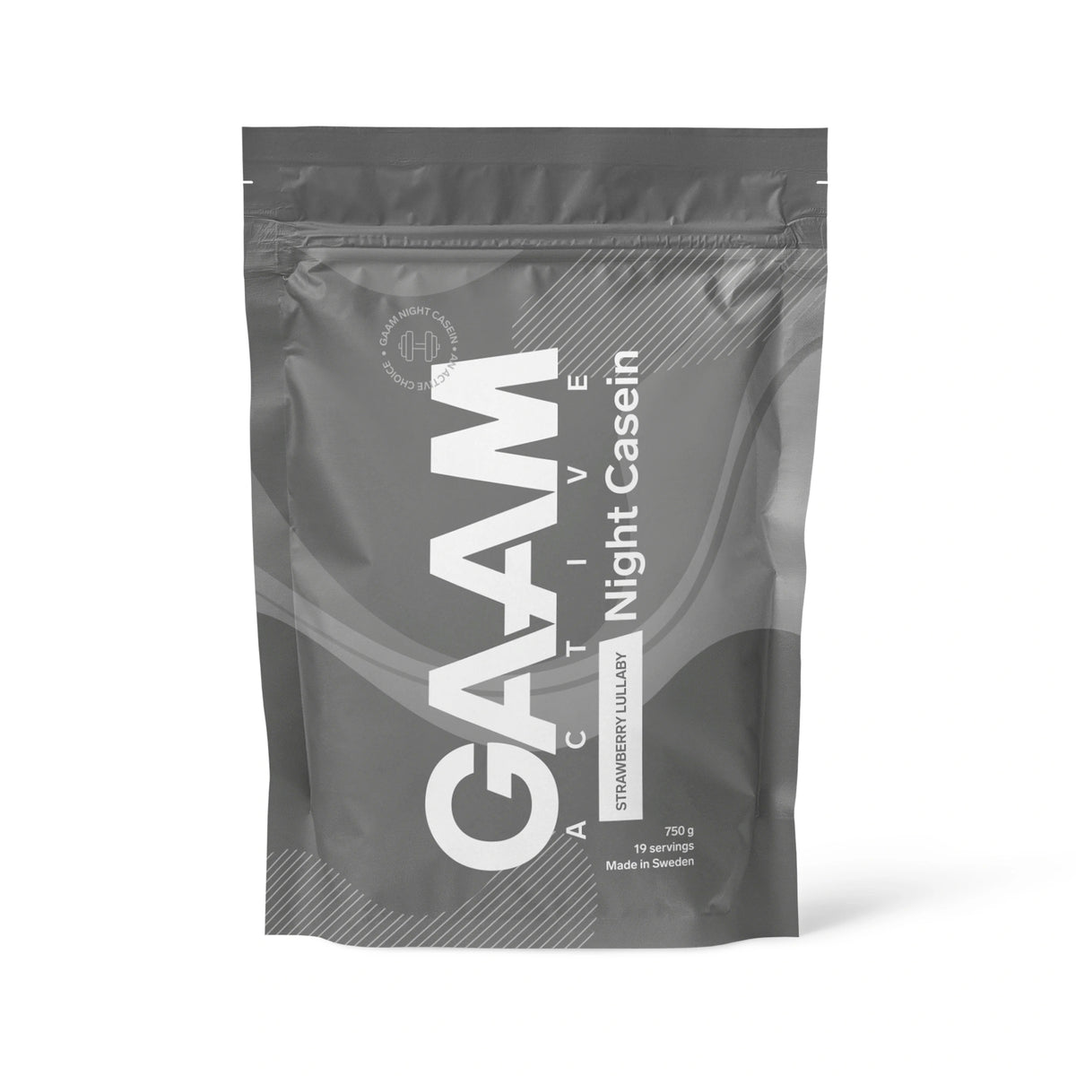 GAAM Active Night Casein 750 g proteinpulver i en mörkgrå påse för smaken Strawberry Lullaby., bild 3 av 3