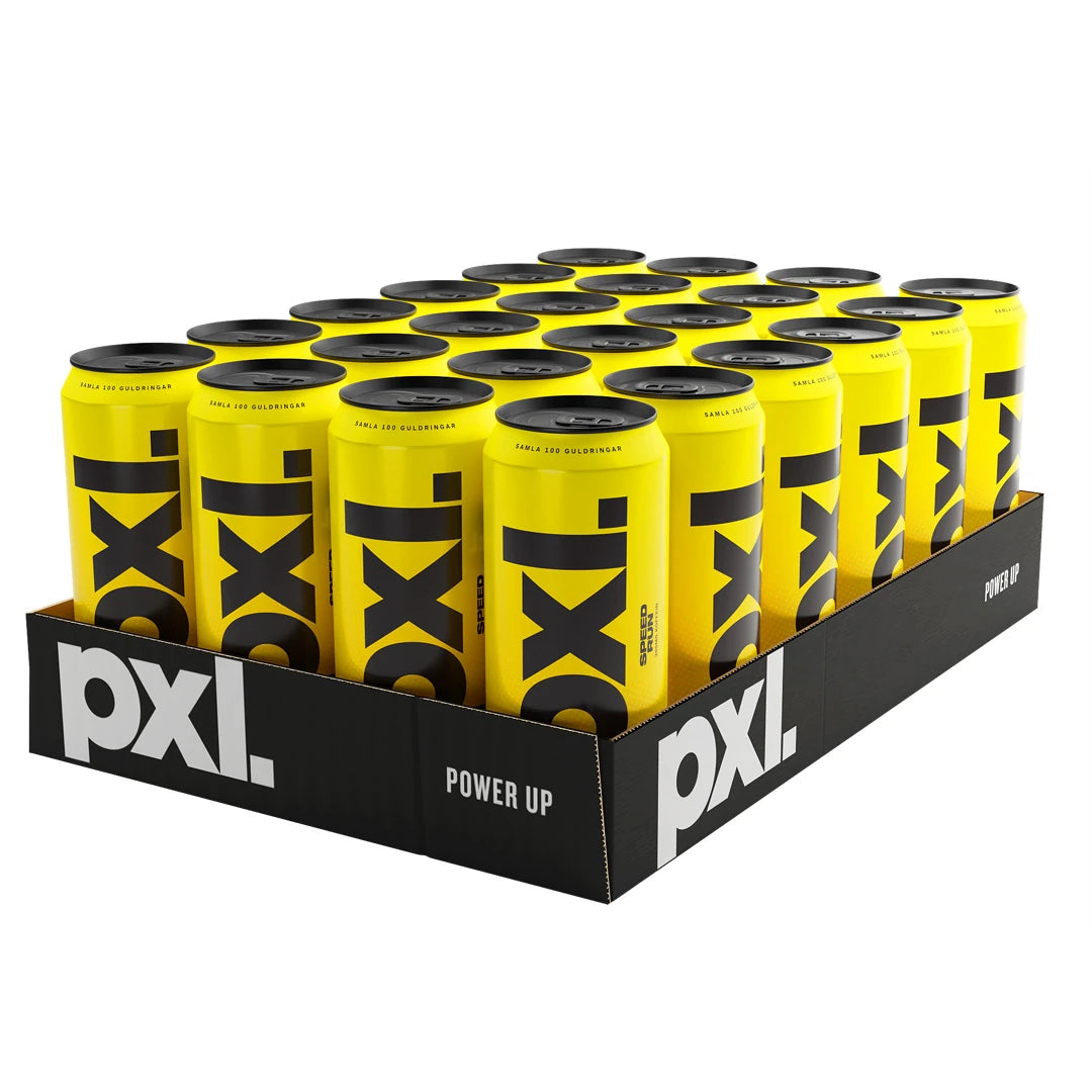 24 x PXL Energy 500 ml Speed Run i ett svart flak fyllt med gula energidrycksburkar med svart text., bild 1 av 1