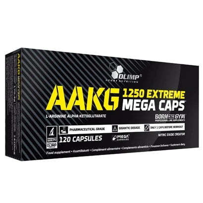 Olimp AAKG Extreme Mega Caps 120 caps kosttillskott i en svart förpackning med gul och vit text., bild 1 av 1